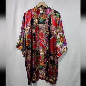 Adonna Floral Silky Robe Women's L Red Bobo Retro 90s Y2K Casual Festival